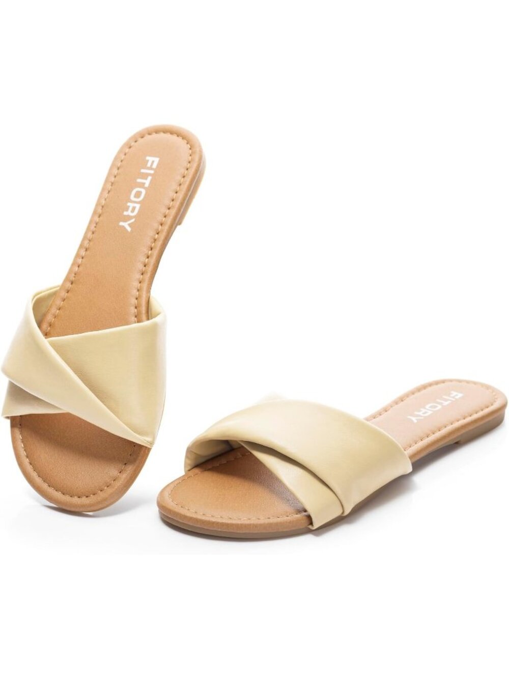 Women's Camel Soft Leather Summer Open Toe Style Flats Slide Beach Sandals